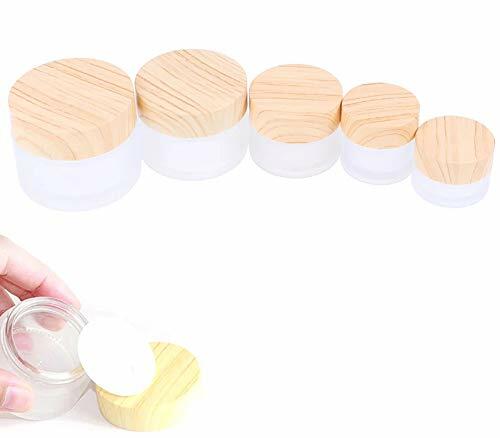 Furnido 5 Pack Frosted Glass Cream Jars with Wood Grain Lid White Cosmetic