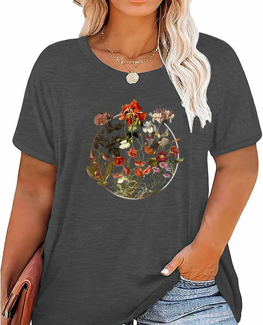 GeLivable Women Plus Size Floral Graphic O Neck Short Sleeve T Shirt