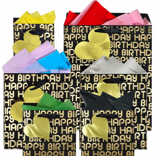 suosicn 8 Pack Black Embossed Metallic Polka Dot Paper Gift Bags with Handles