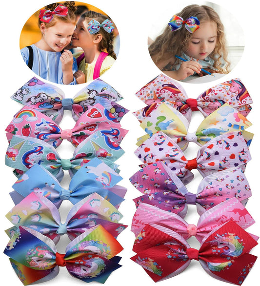 Eyegla Girls 5 Inch Grosgrain Ribbon Hair Bows Clips Pack of 12 Rainbow