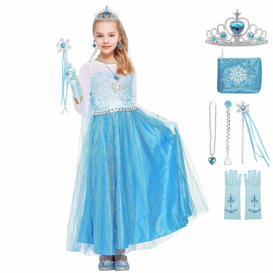 Tackview Girls Princess Costume Dress Blue with Handbag Crown Wand Size M