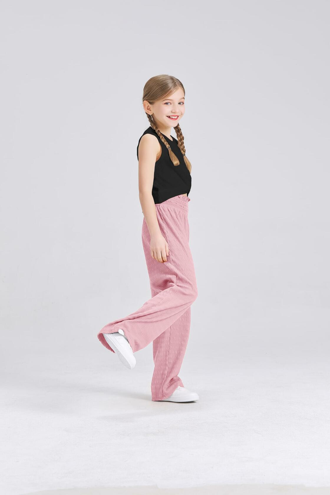 Handfrog Girls 2PC Tie Knot Crop Top & Wide Leg Pants Set Black/Pink Size 7-8Y