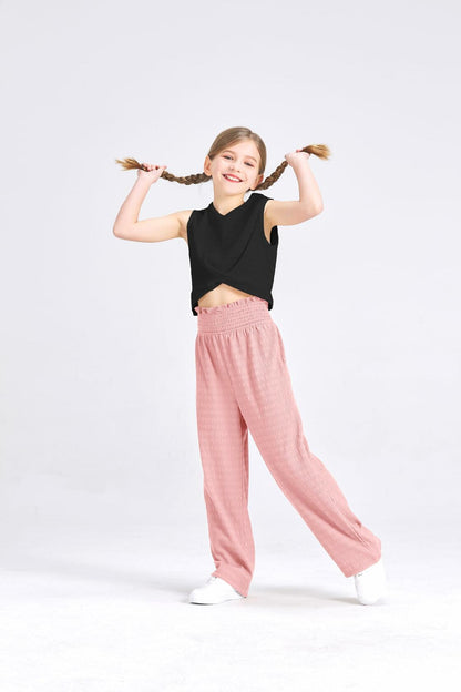 Handfrog Girls 2PC Tie Knot Crop Top & Wide Leg Pants Set Black/Pink Size 7-8Y