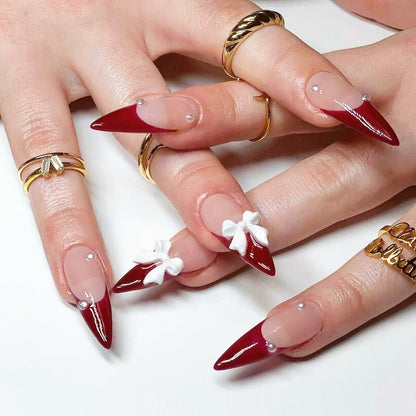 Red French Press On Nails Almond Medium Glossy Bow Pearl 24 Pcs