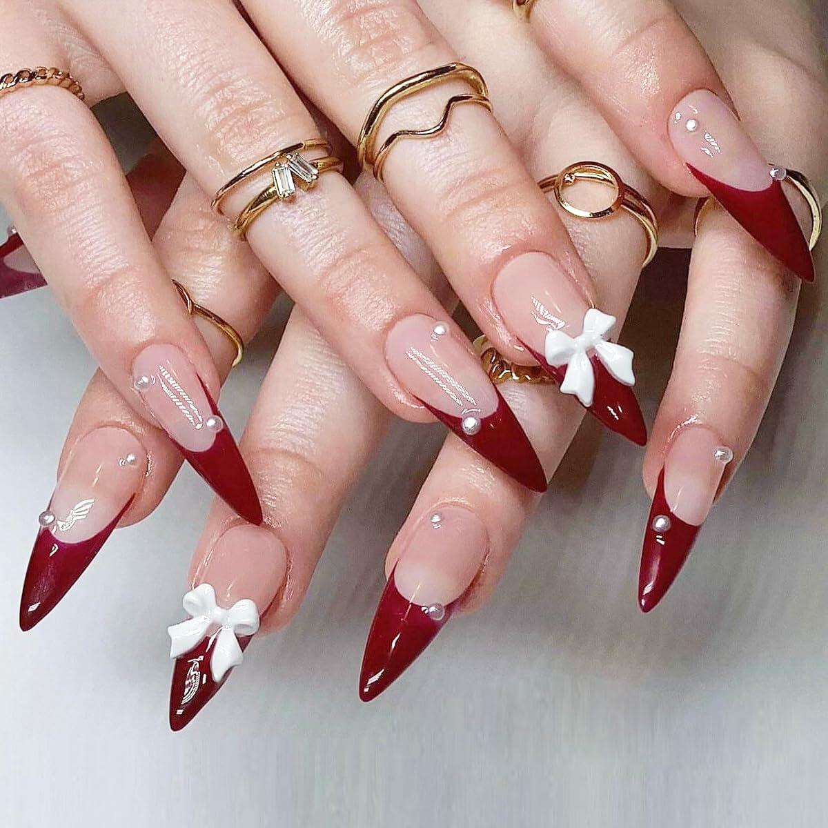 Red French Press On Nails Almond Medium Glossy Bow Pearl 24 Pcs