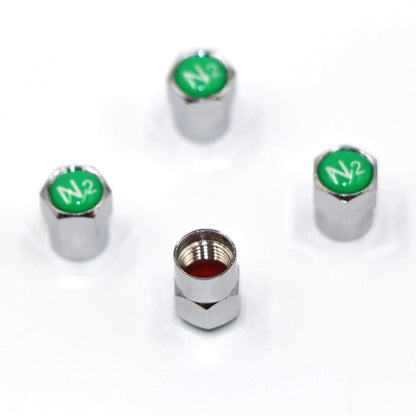 ACCRETION Chrome Brass Valve Stem Caps N2 Nitrogen Logo 4 pcs Red/Silver