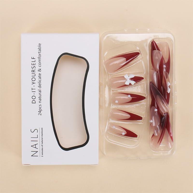 Red French Press On Nails Almond Medium Glossy Bow Pearl 24 Pcs
