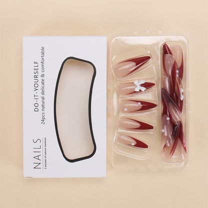 Red French Press On Nails Almond Medium Glossy Bow Pearl 24 Pcs