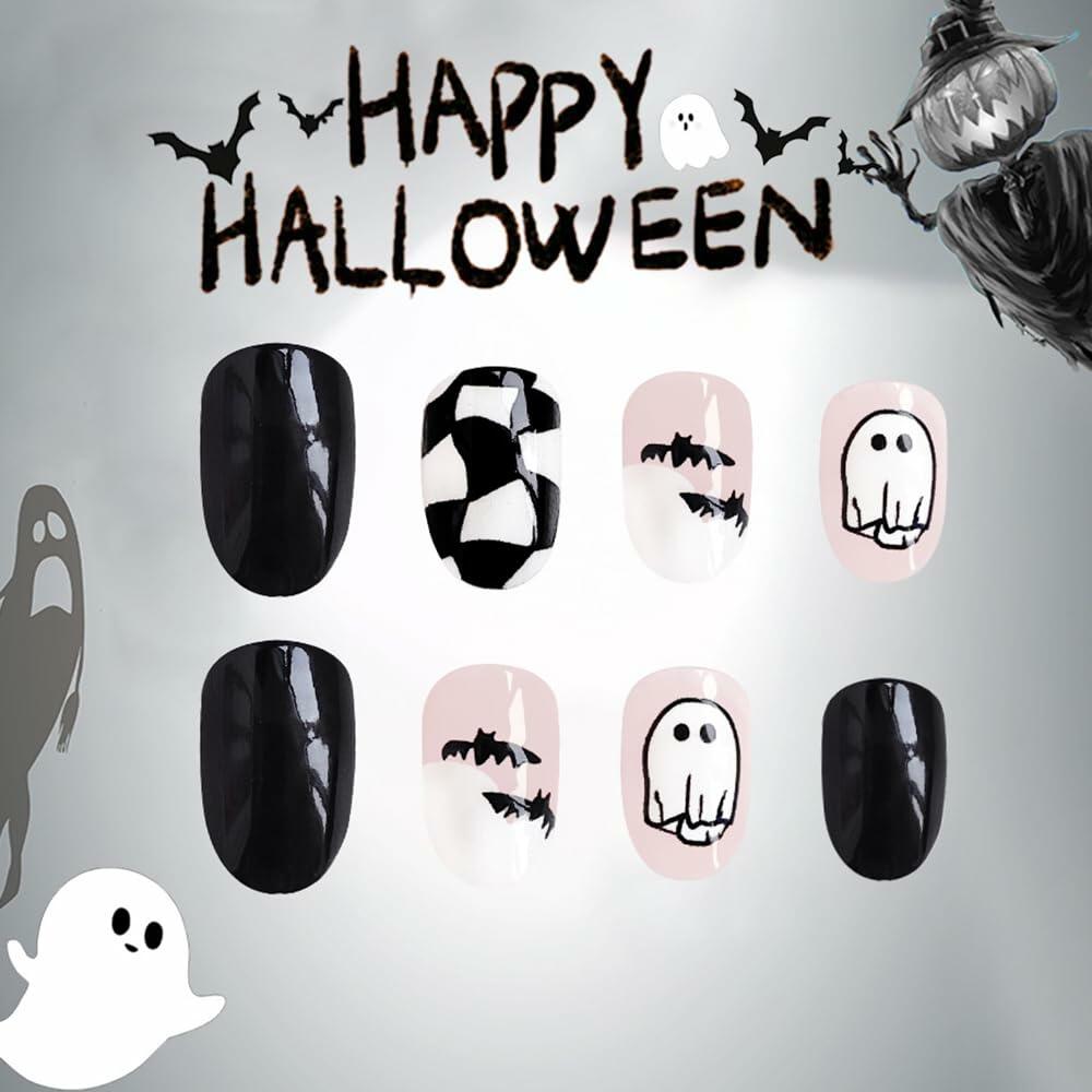 Halloween Press On Nails Short Square Ghost Pumpkin Bat Black Nails
