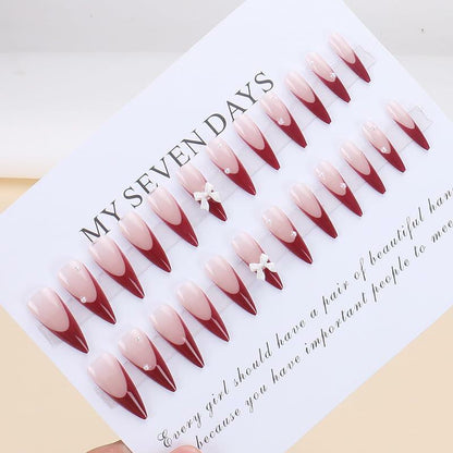 Red French Press On Nails Almond Medium Glossy Bow Pearl 24 Pcs