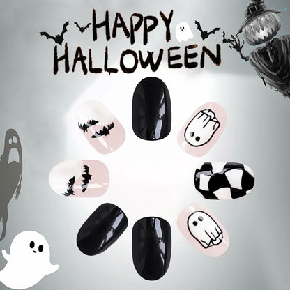 Halloween Press On Nails Short Square Ghost Pumpkin Bat Black Nails