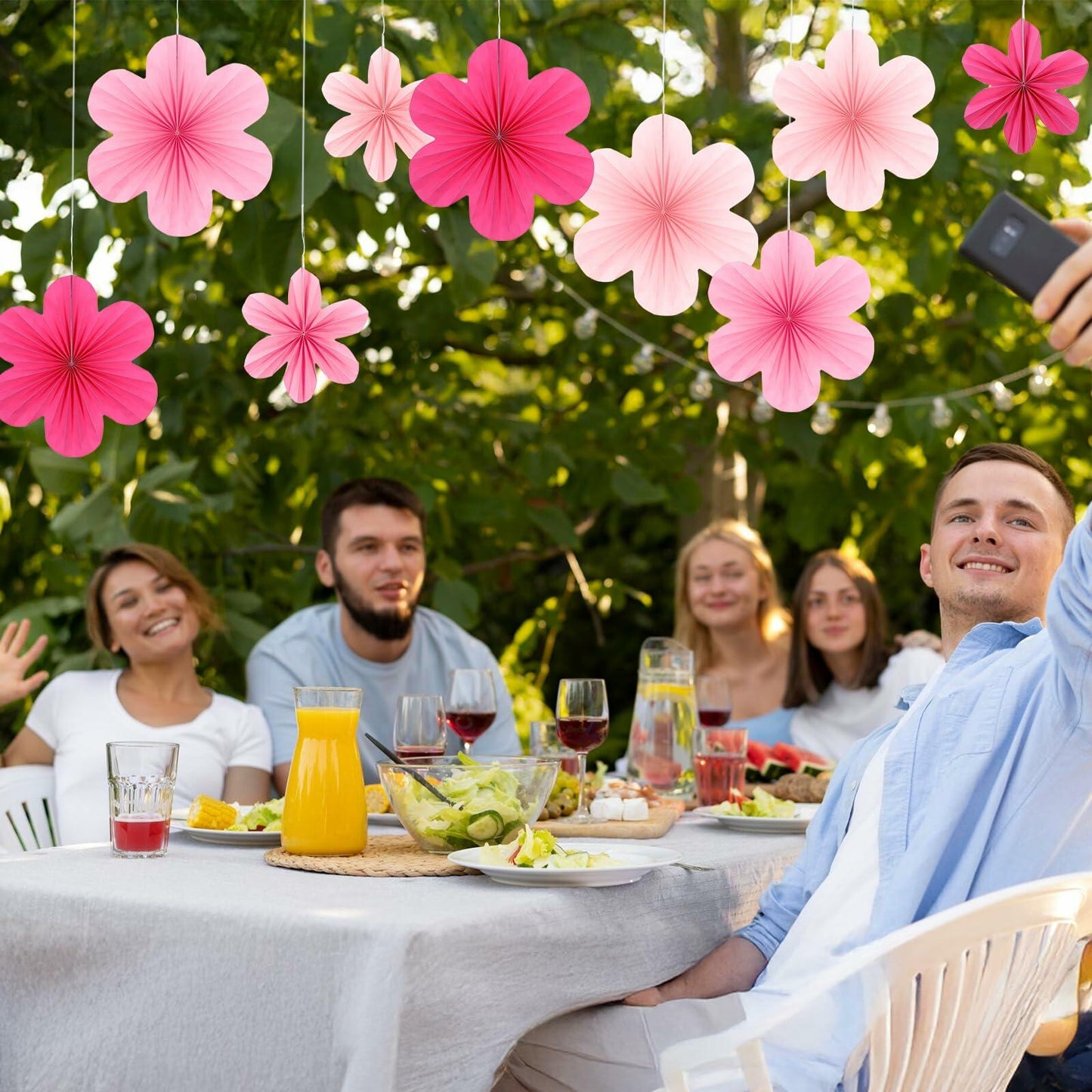 Telooco 9Pcs Pink Paper Fans & Flowers Party Decorations Hanging Set