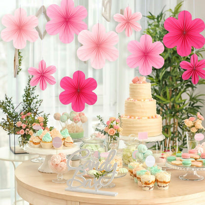 Telooco 9Pcs Pink Paper Fans & Flowers Party Decorations Hanging Set