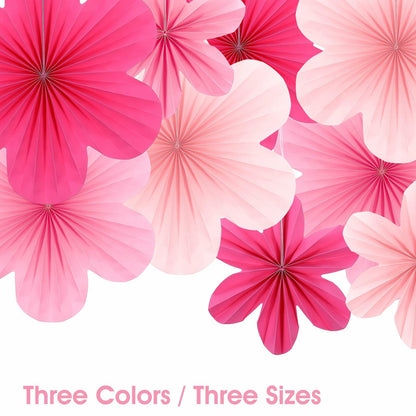 Telooco 9Pcs Pink Paper Fans & Flowers Party Decorations Hanging Set