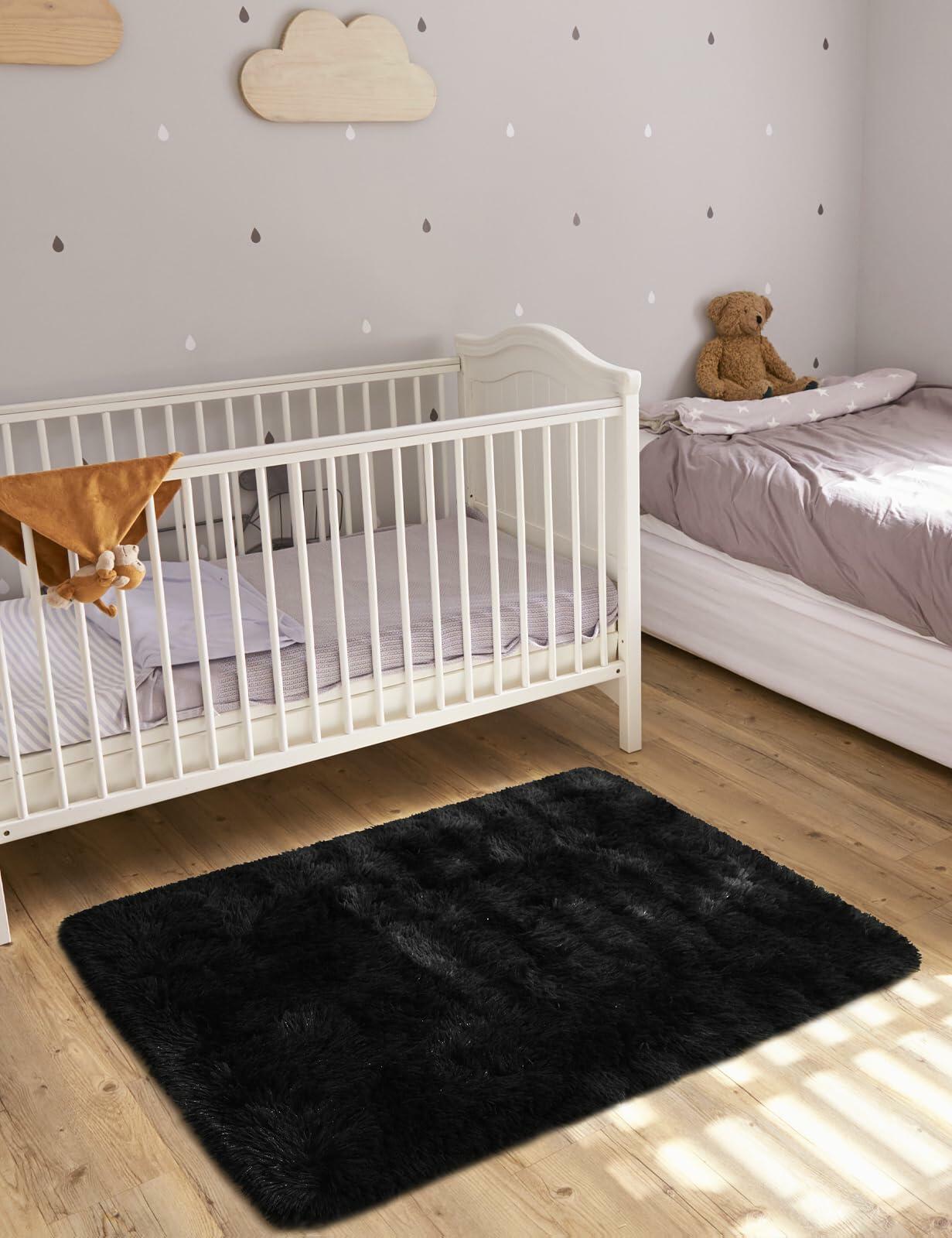 Macgace 6x9 Black Shag Area Rug Fluffy Plush Non-Slip Washable