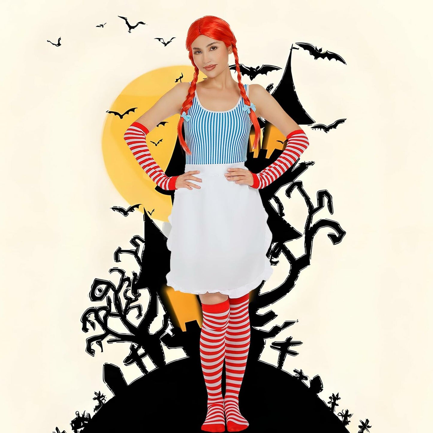 POEWAUVE Women Halloween Fast Food Costume Set Wig Apron Socks Gloves