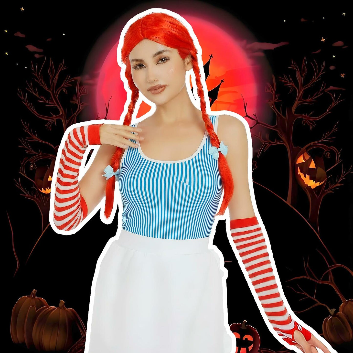 POEWAUVE Women Halloween Fast Food Costume Set Wig Apron Socks Gloves