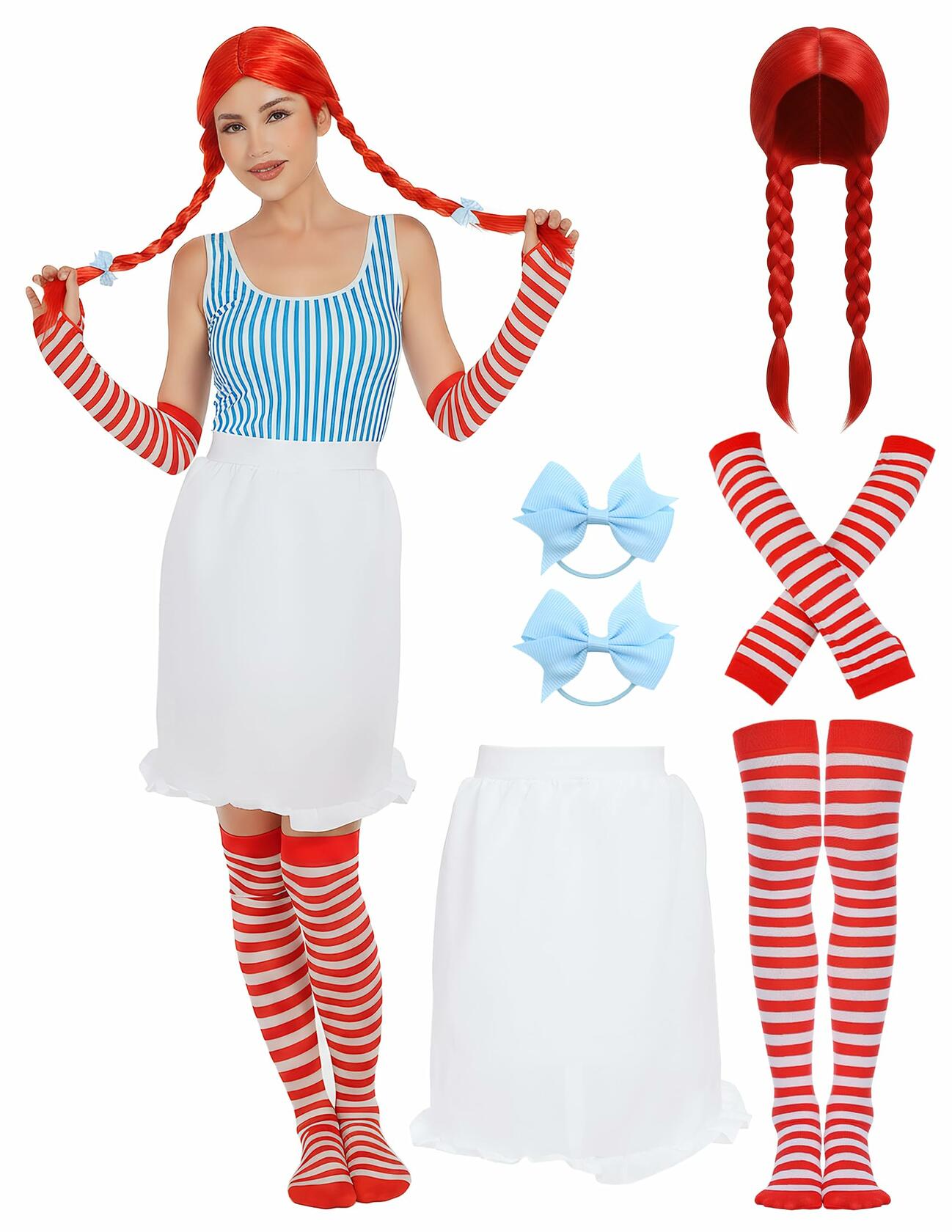 POEWAUVE Women Halloween Fast Food Costume Set Wig Apron Socks Gloves
