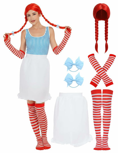 POEWAUVE Women Halloween Fast Food Costume Set Wig Apron Socks Gloves