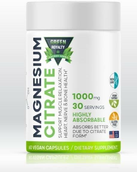 GREEN ROYALTY Magnesium Citrate 1000mg 60 Vegan Capsules Gluten Free USA