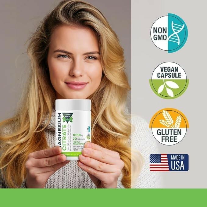 GREEN ROYALTY Magnesium Citrate 1000mg 60 Vegan Capsules Gluten Free USA