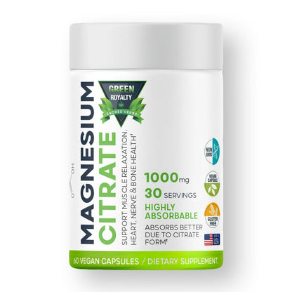 GREEN ROYALTY Magnesium Citrate 1000mg 60 Vegan Capsules Gluten Free USA