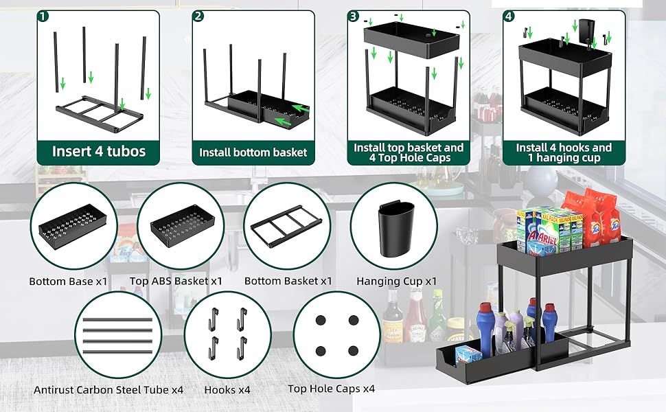 Paquete De 1 Organizador Debajo Del Fregadero, Organizadores De Gabinete De Baño, Cajón Deslizante De 2 Niveles Para Ganchos Para Colgar Tazas, Estante De Almacenamiento Multiusos Para Cocina Y