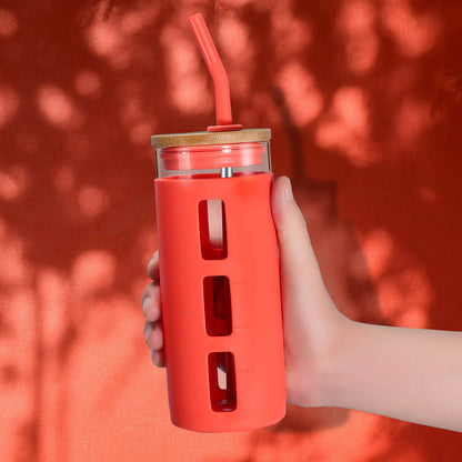 Tronco Glass Tumbler with Bamboo Lid and Straw,20OZ Reusable Iced Coffee Cup,Smoothie Cups,Glass Travel Water Bottle,See Through Silicone Sleeve With Measurement,Dishwasfer Safe,Spill Proof