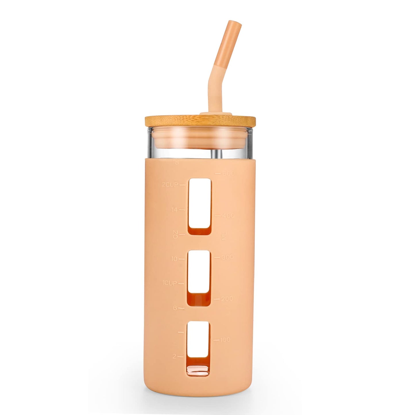 Tronco Glass Tumbler with Bamboo Lid and Straw,20OZ Reusable Iced Coffee Cup,Smoothie Cups,Glass Travel Water Bottle,See Through Silicone Sleeve With Measurement,Dishwasfer Safe,Spill Proof