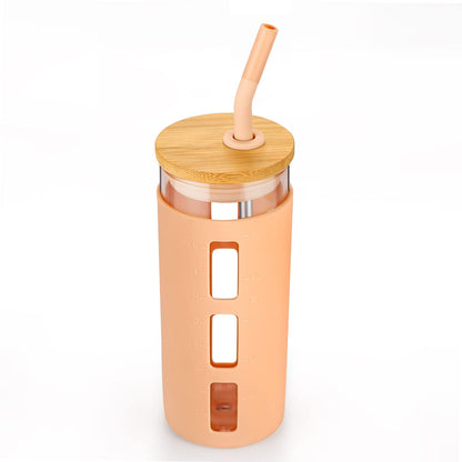Tronco Glass Tumbler with Bamboo Lid and Straw,20OZ Reusable Iced Coffee Cup,Smoothie Cups,Glass Travel Water Bottle,See Through Silicone Sleeve With Measurement,Dishwasfer Safe,Spill Proof