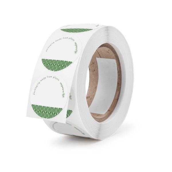 Vegware 1.7 in Round Write-On Compostable Sticker, White & Green (QTY 1000), SKU VRST45W