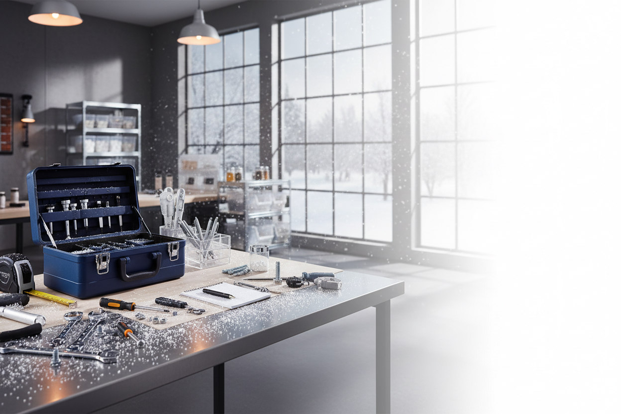 winter hero image for an e-commerce shop selling home, office, hardware, tools, commercial, industrial, and storage products.